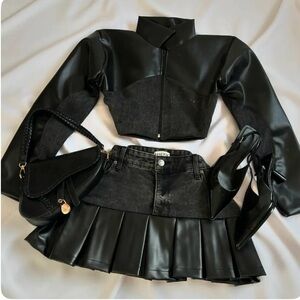 Black Faux Leather Jacket and Skirt Set